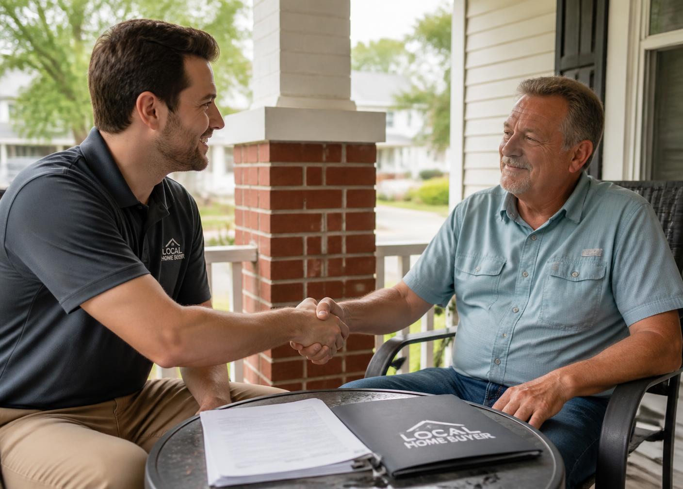 Local home buyer shaking hands with a homeowner on a front porch